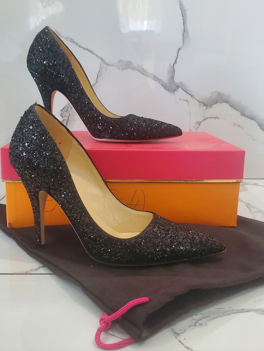 Glitter Pointed Toe Stiletto Heels - Black
